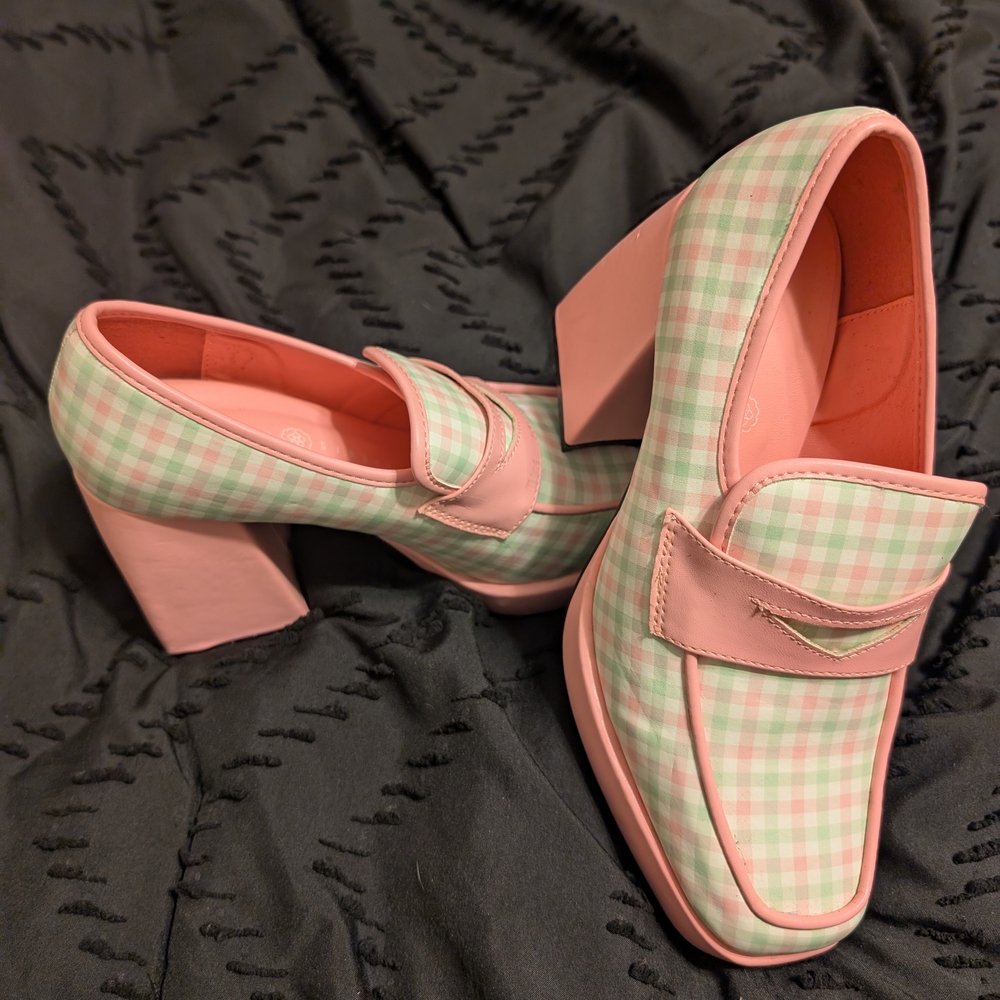 Pink and Green Block Heel Loafers